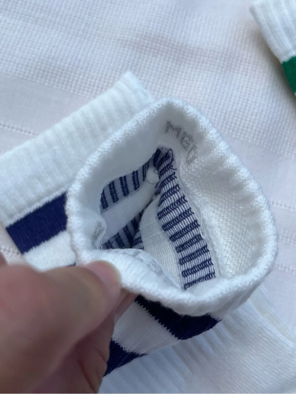Bombas White Athletic Crew Socks with Green and Navy Stripes